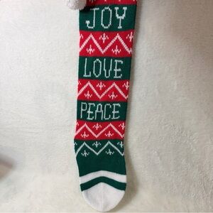 Festive Holiday Long Stocking with Joy, Love, Peace Design Vintage